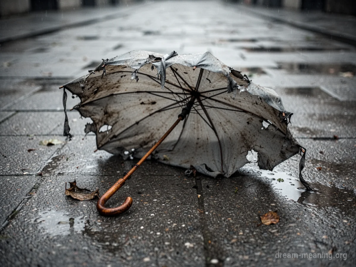 A single broken umbrella with bent spokes lying on a wet street.