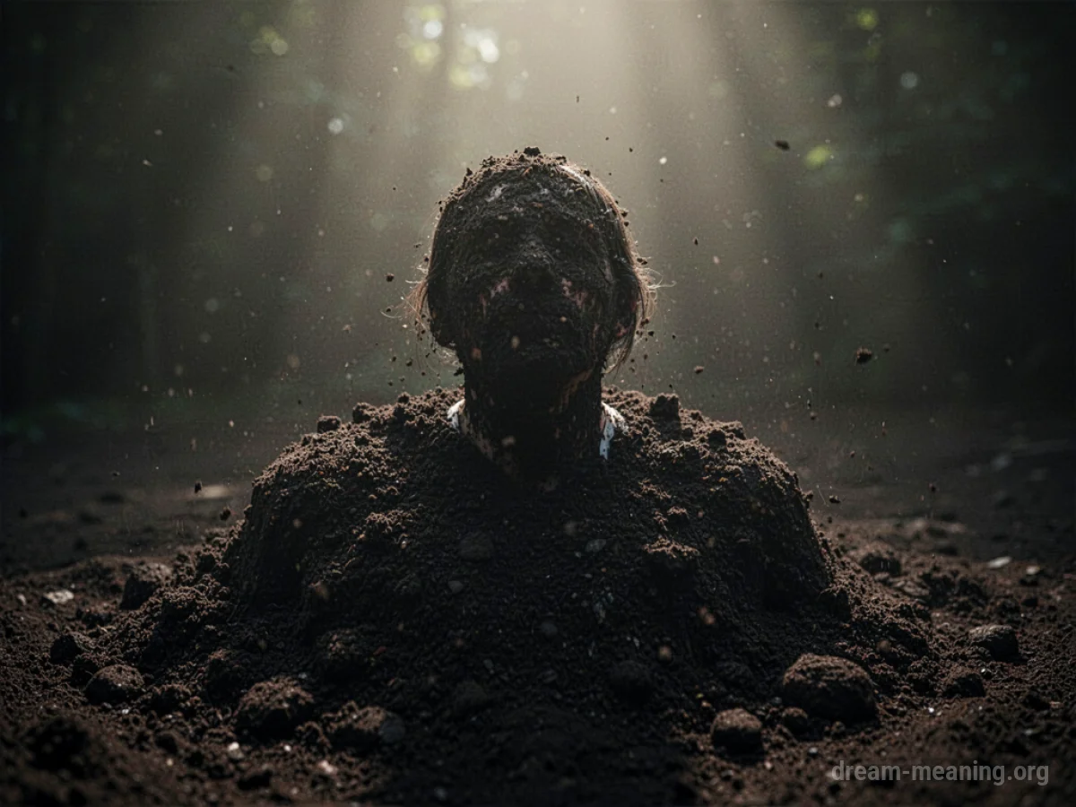 Silhouette of a person partially covered by dark earth.