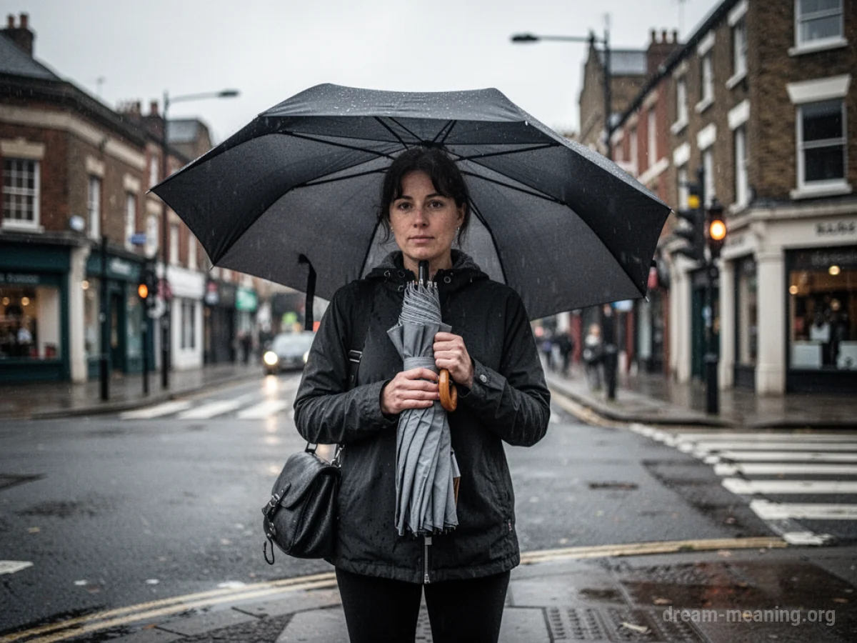 A person stands on a street holding a new umbrella.