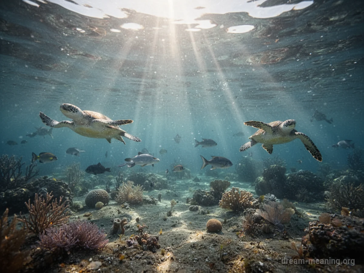 Sunlight streams into clear, tranquil water, illuminating a serene underwater landscape with small fish swimming peacefully.