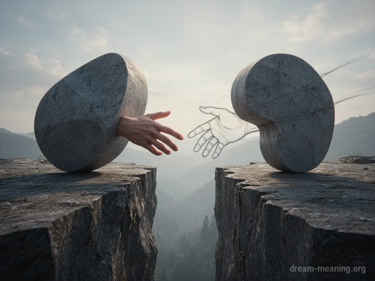 Two abstract shapes separated by a growing chasm, with hands visible but not touching.