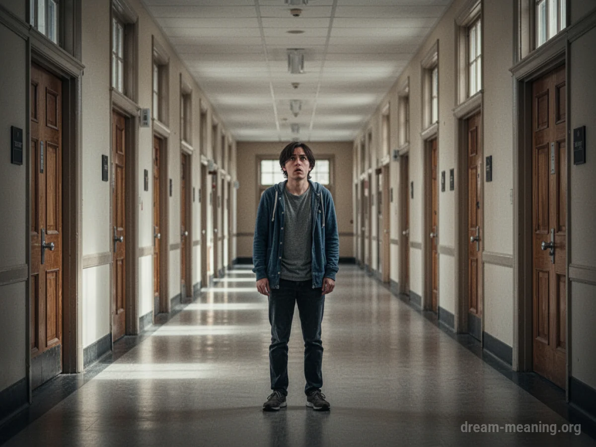 Person looking lost in a university hallway with many doors.