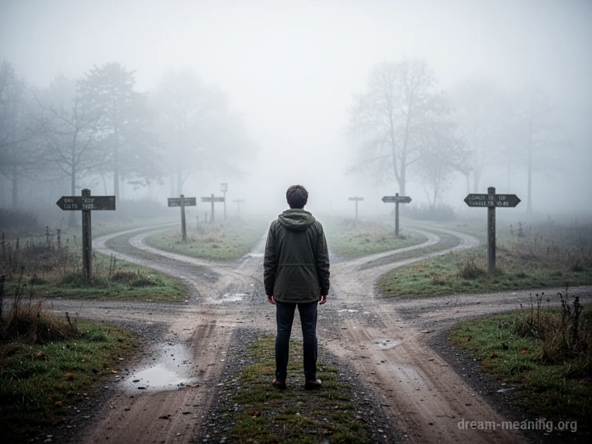 A person at a fork in the road with paths obscured by fog.