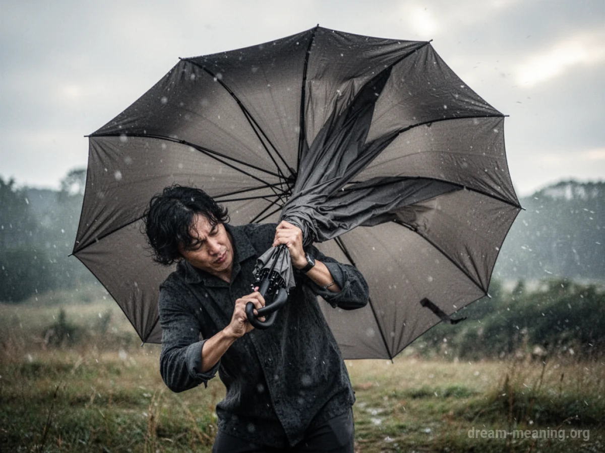 A person attempting to open an umbrella that is jammed.