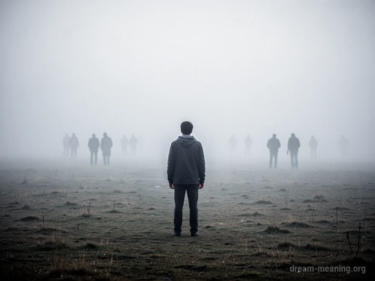 A lone person in a foggy expanse with distant, indistinct figures.