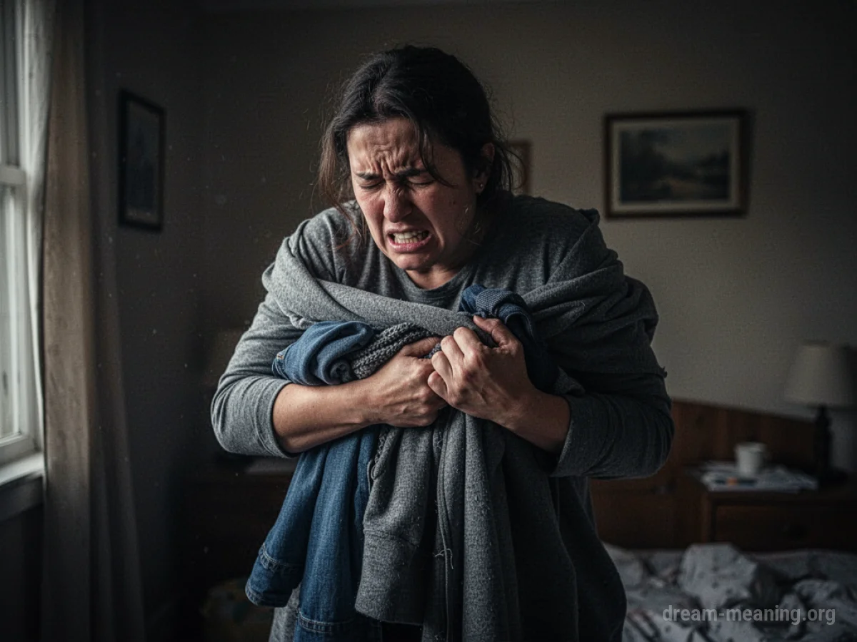 A person tangled in multiple layers of clothing, appearing unable to remove them.