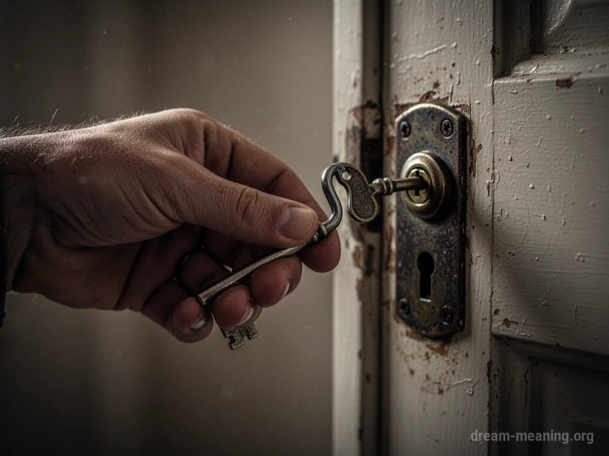 A hand holding a bent key trying to insert it into a vintage lock on a closed door.