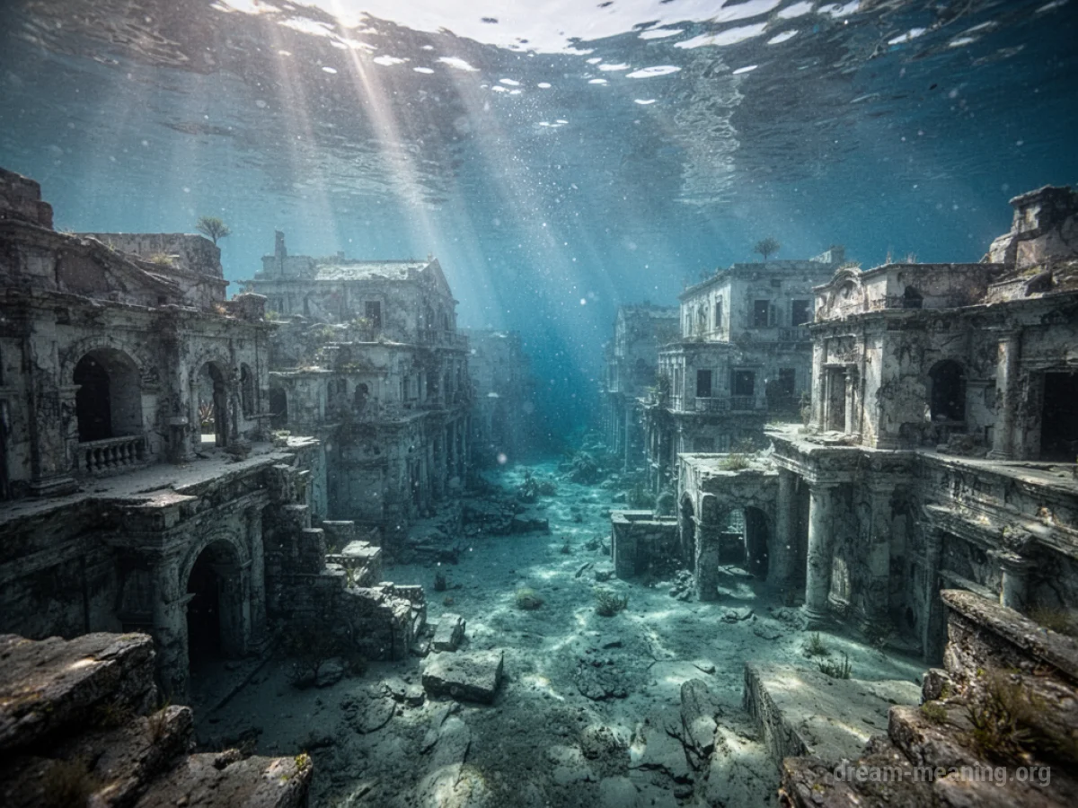 Buildings of a submerged city visible through clear water.