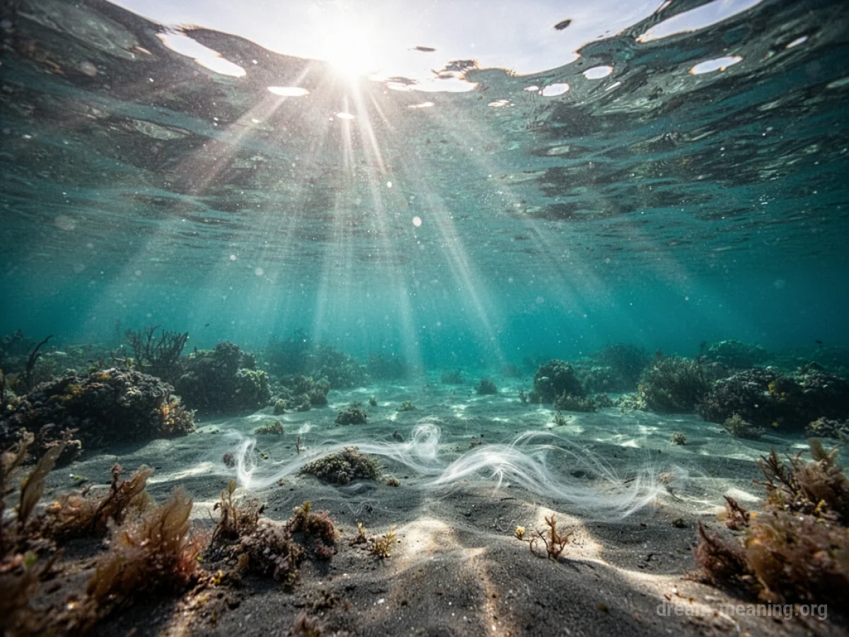 Sunlight streaming through crystal clear water onto a calm underwater scene.