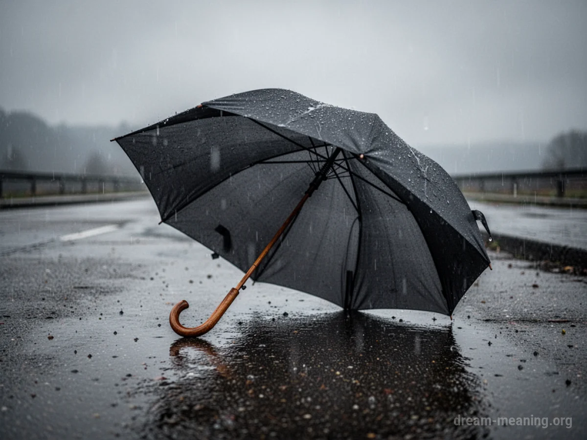 A closed umbrella on a wet surface.