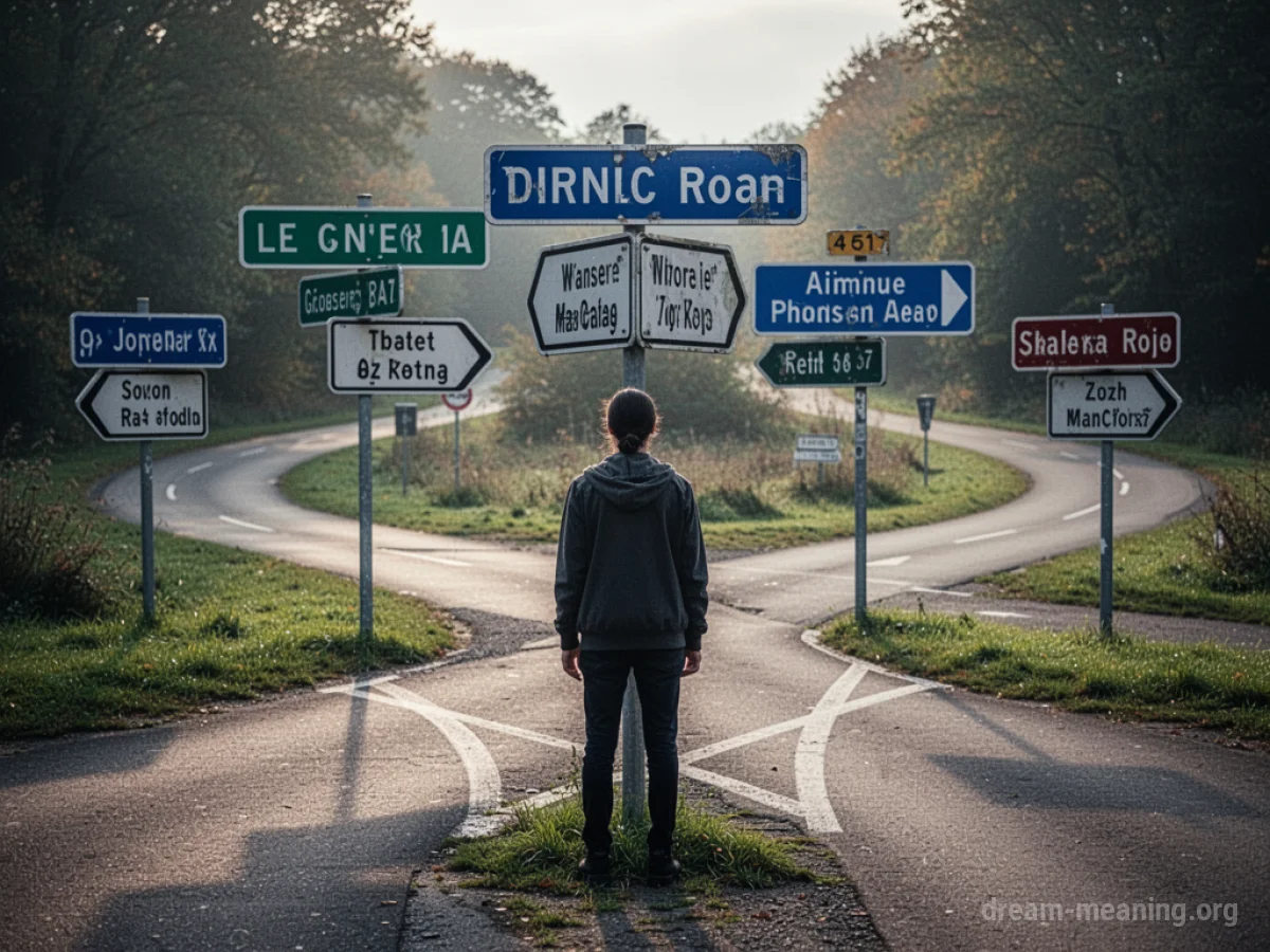 A person at a crossroads with many signs pointing in different directions.