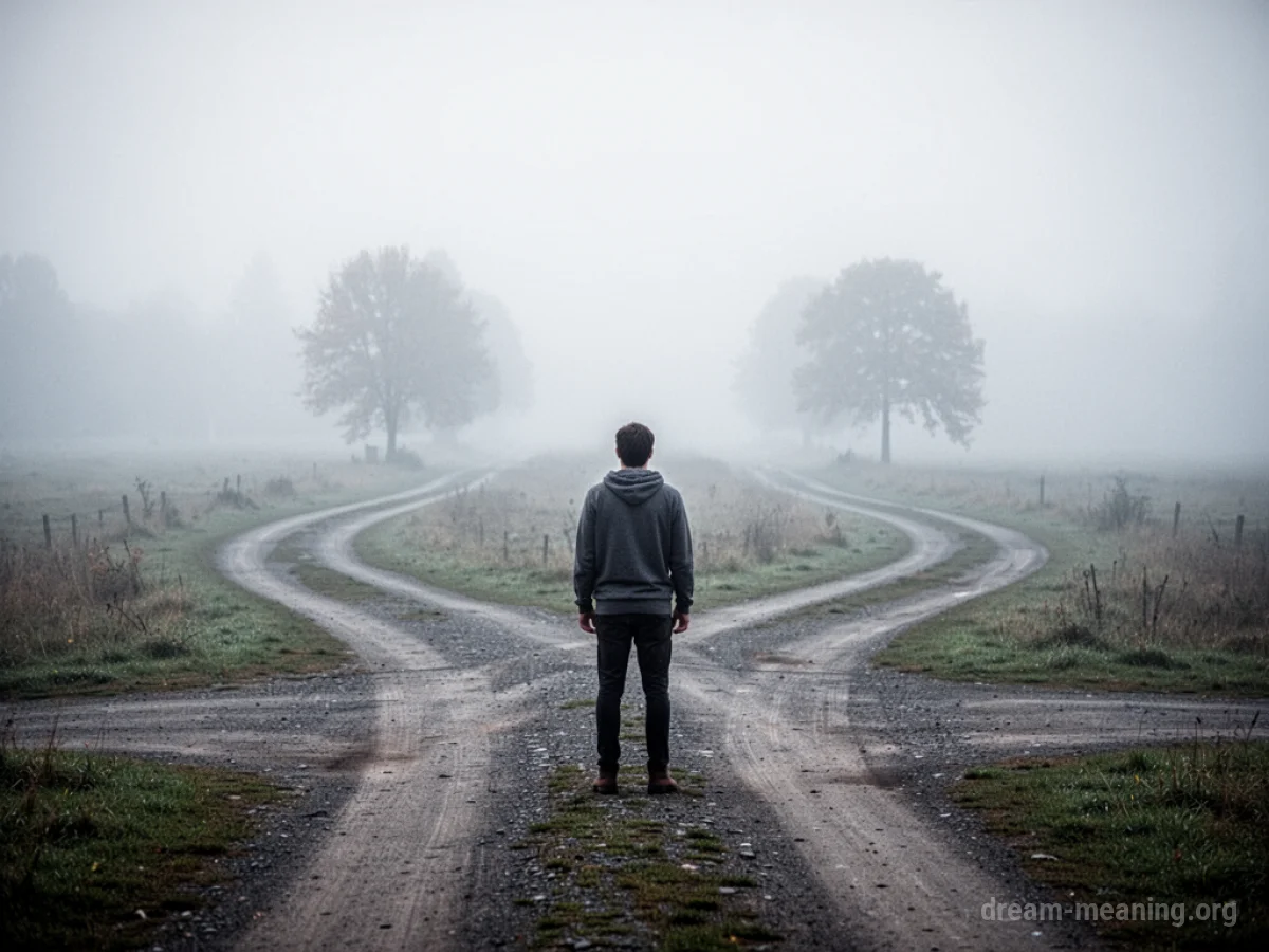A person stands at a foggy crossroads with many paths.