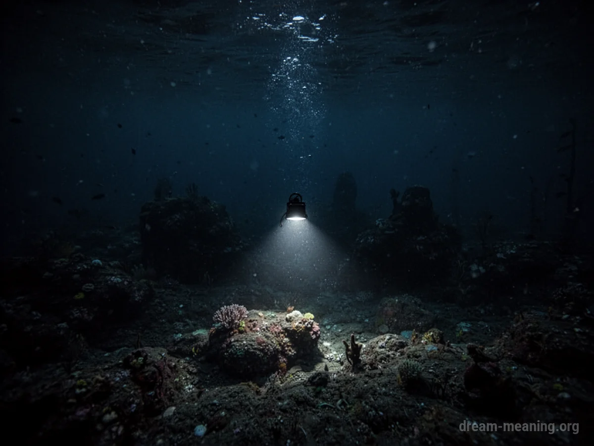 A faint light beam penetrates deep, dark water, revealing faint shapes in the murky depths.