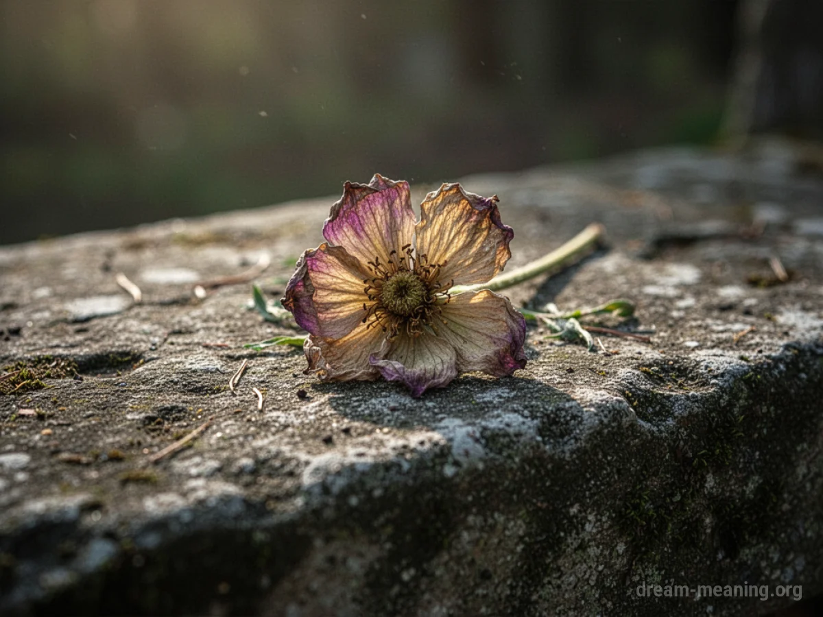 A single wilting flower on a stone.