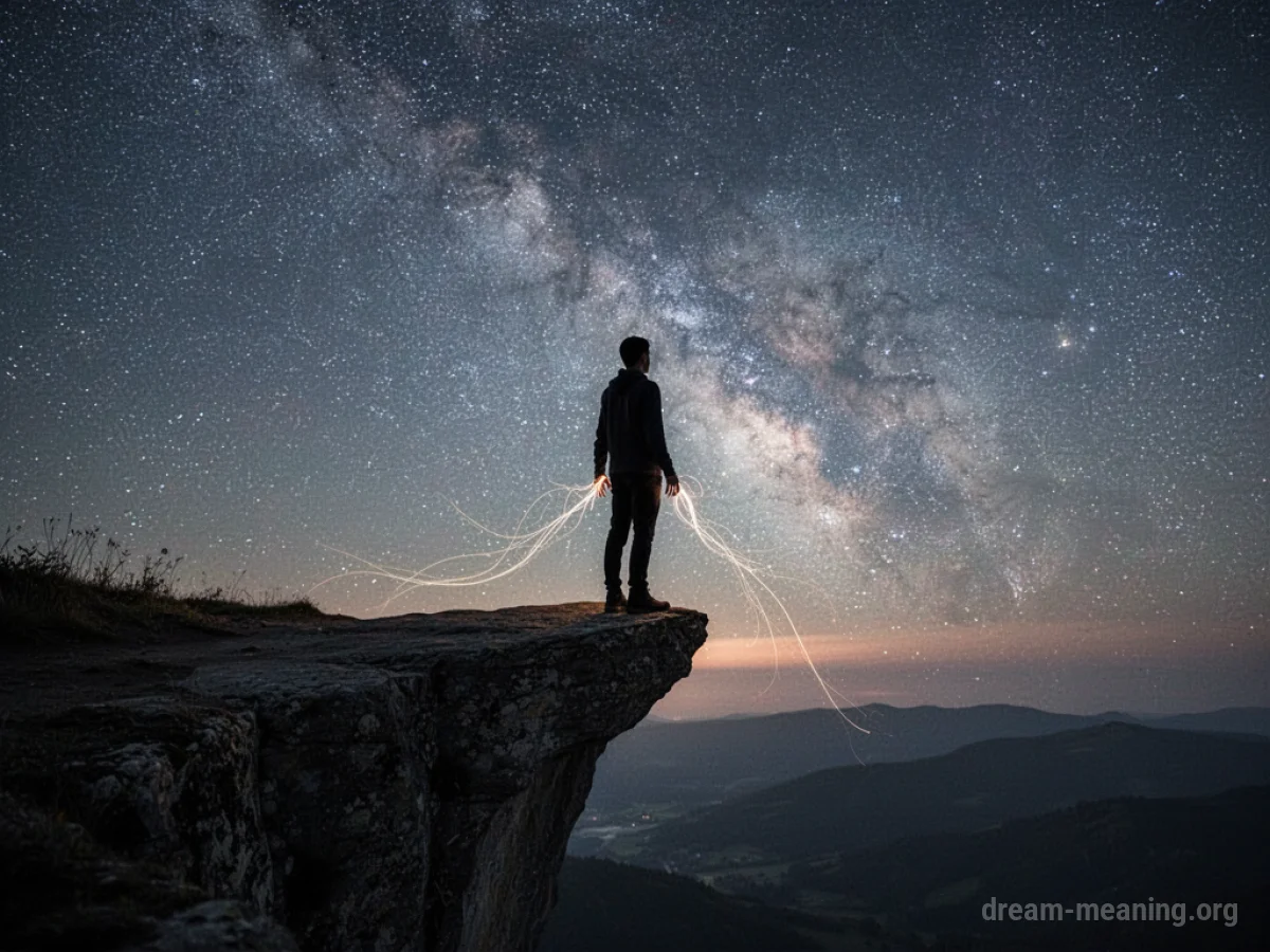 Silhouette of a person with glowing hands facing a starry night sky.