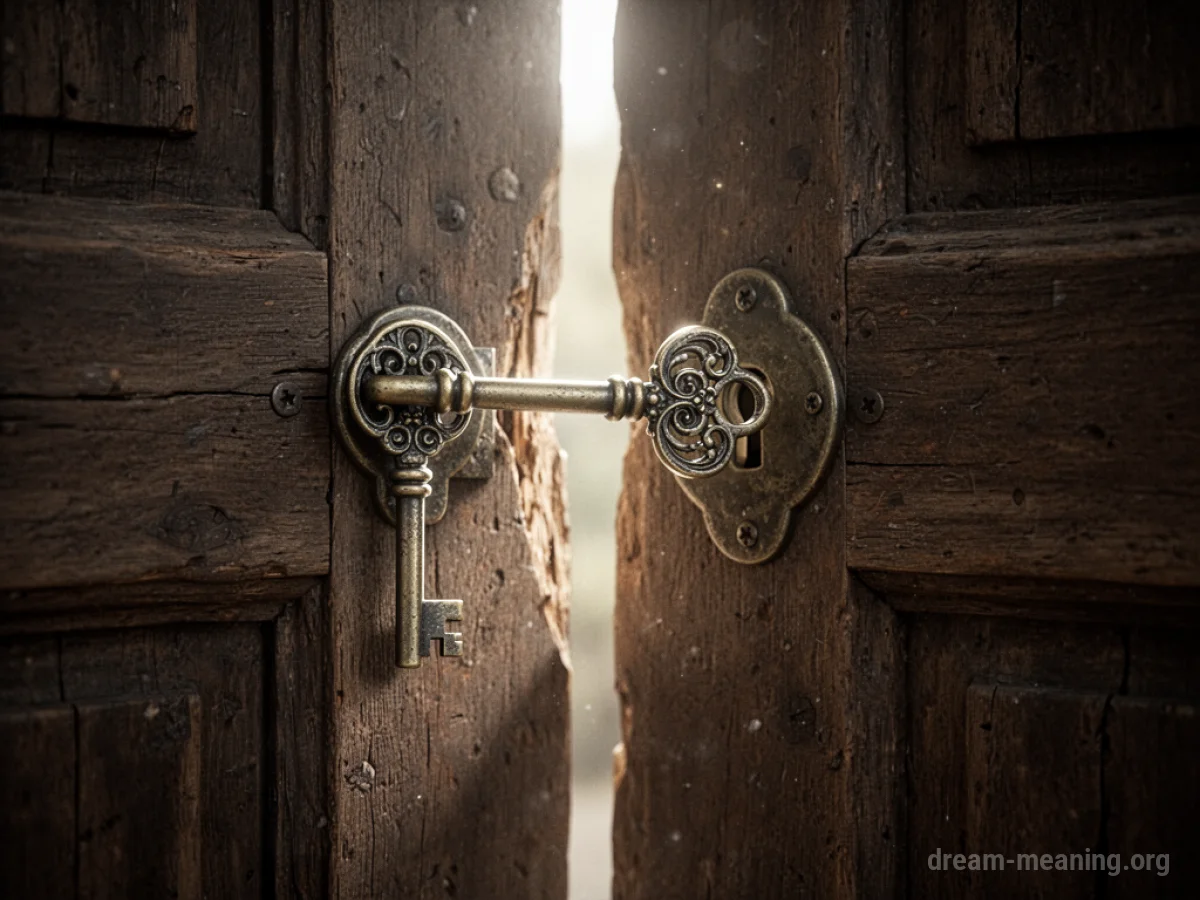 A key turning in a door lock, with light shining through the door opening.