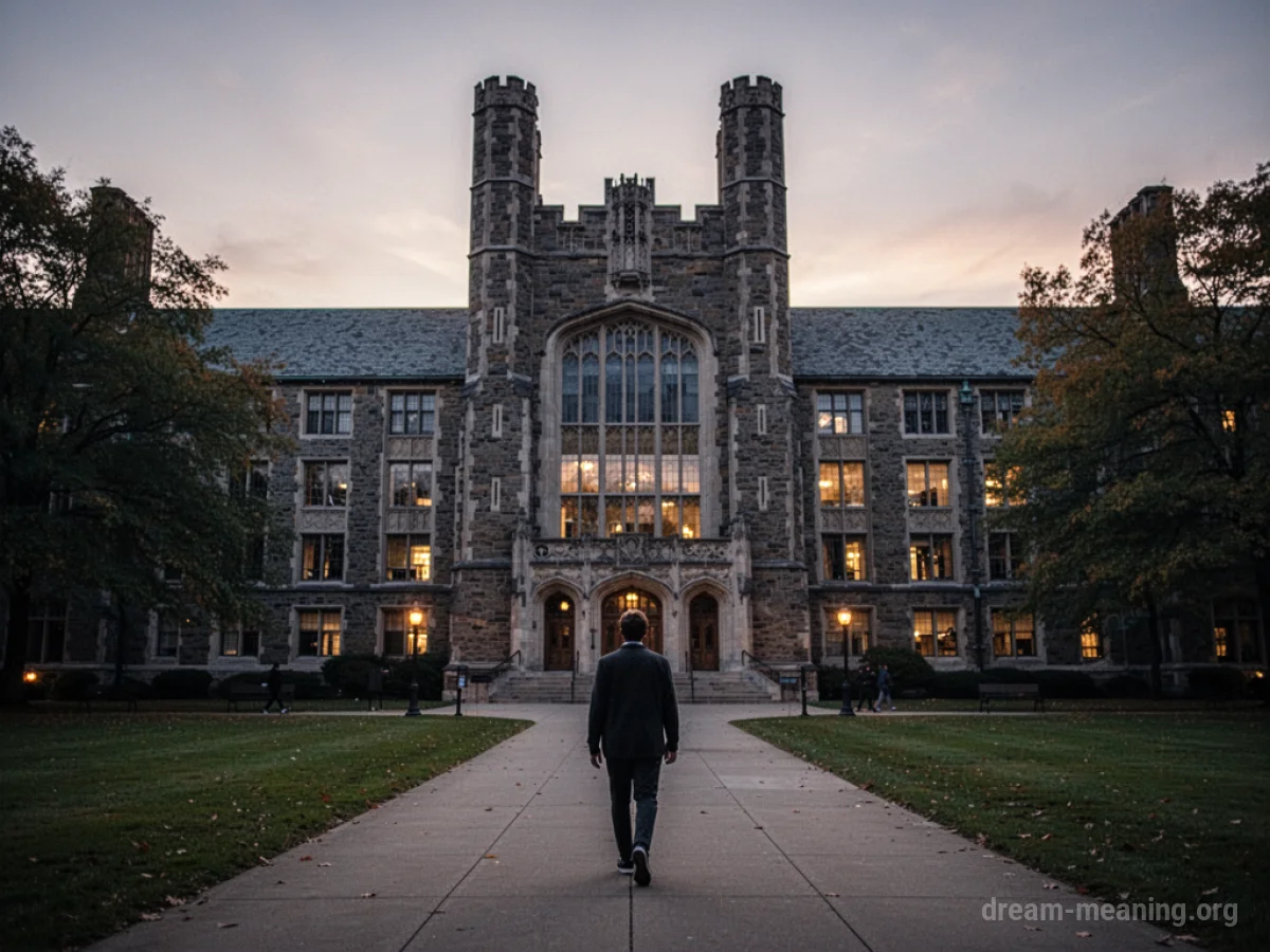 A person walking away from a university building.