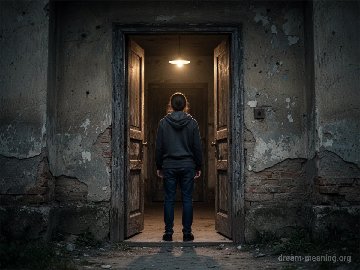 A silhouette of a person stands before an open, dark doorway.