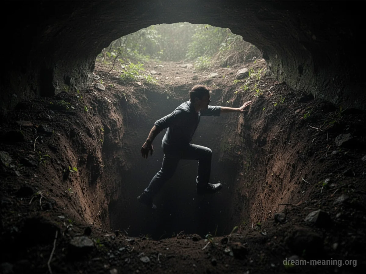 Silhouette of a person emerging from a dark hole in the ground.