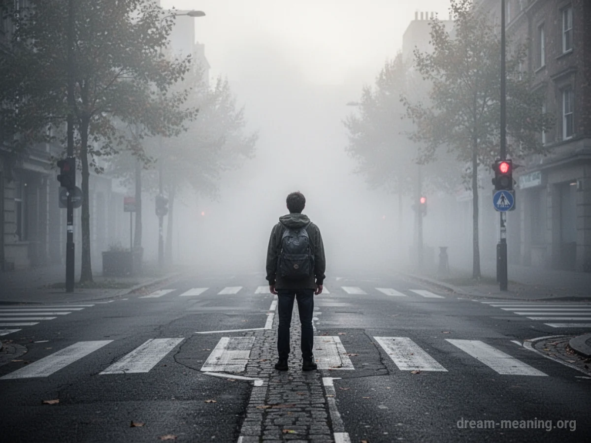 A foggy landscape with indistinct shapes and a person standing at a junction.