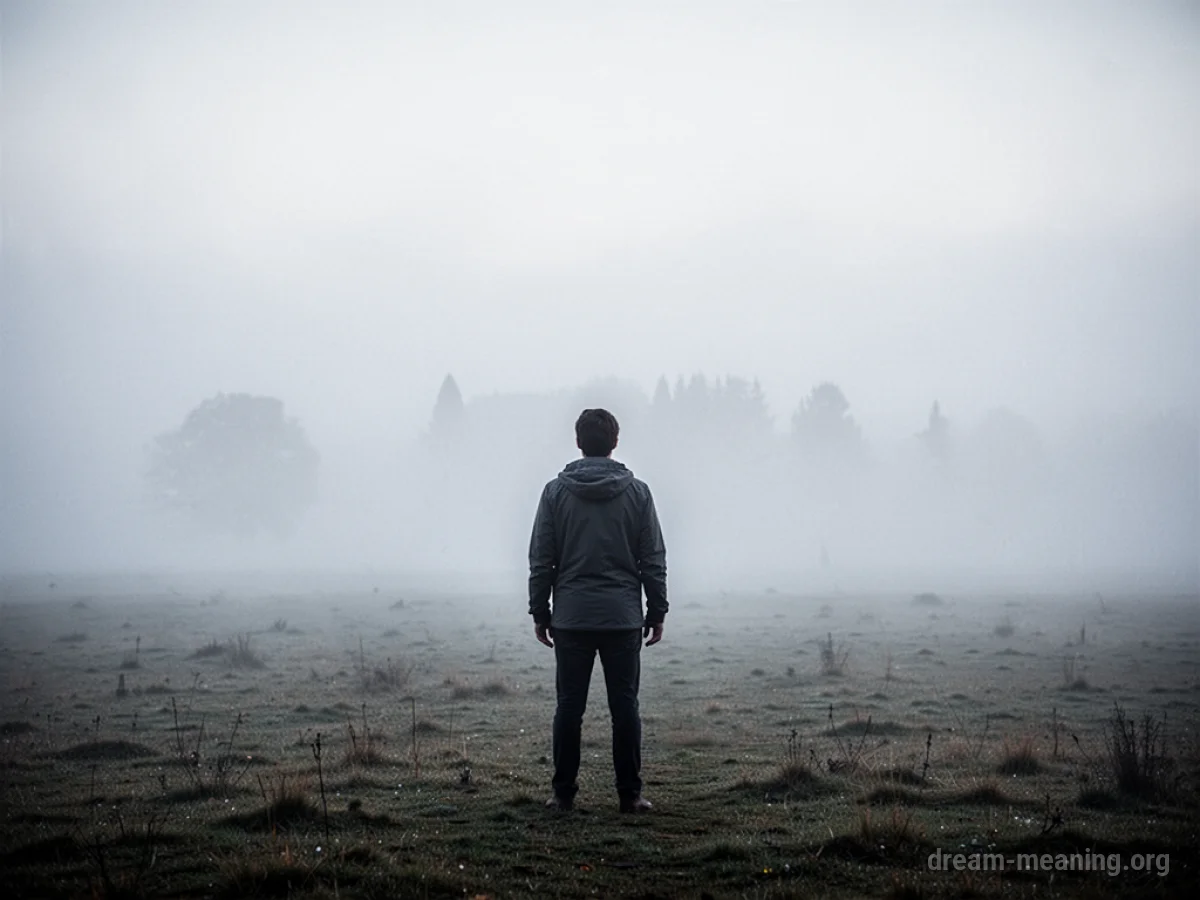 A person in a dense fog with blurred surroundings.