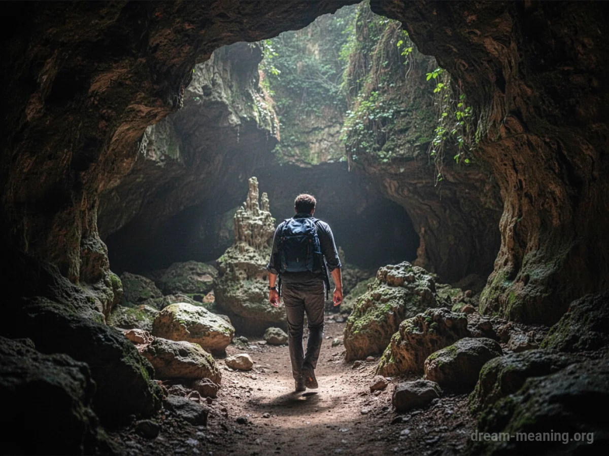 A person stands at the entrance of a dark cave, looking inside.