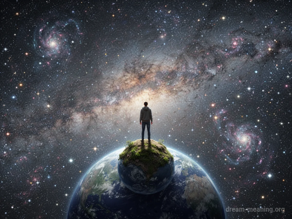 A person stands on a small celestial body, gazing at a wide cosmic vista.
