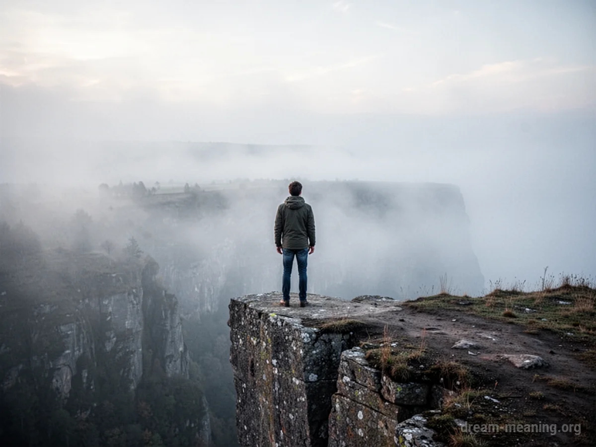 Silhouette of a person at a cliff edge facing a foggy horizon.