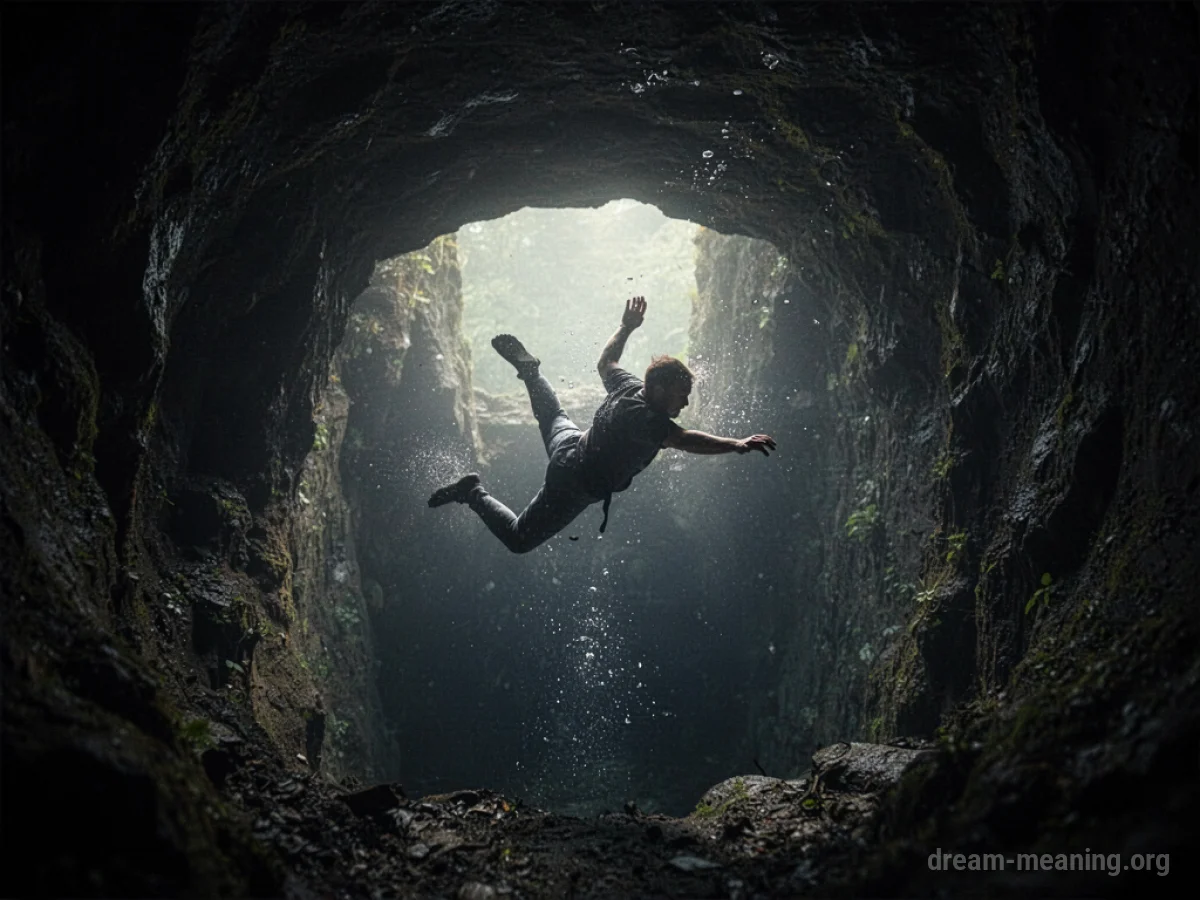 Silhouette of a person falling into a dark, deep pit from above.