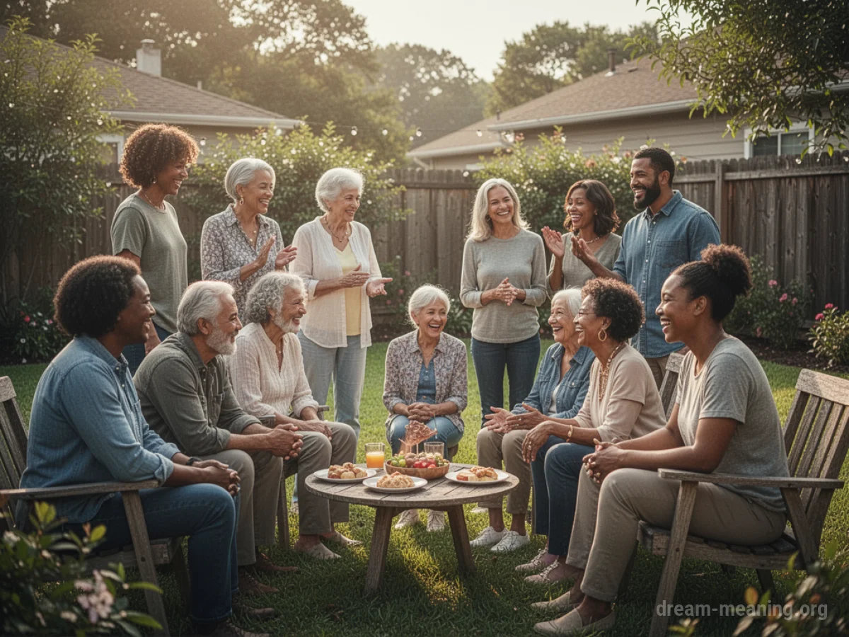 A group of people of different ages smiling and talking together outdoors.