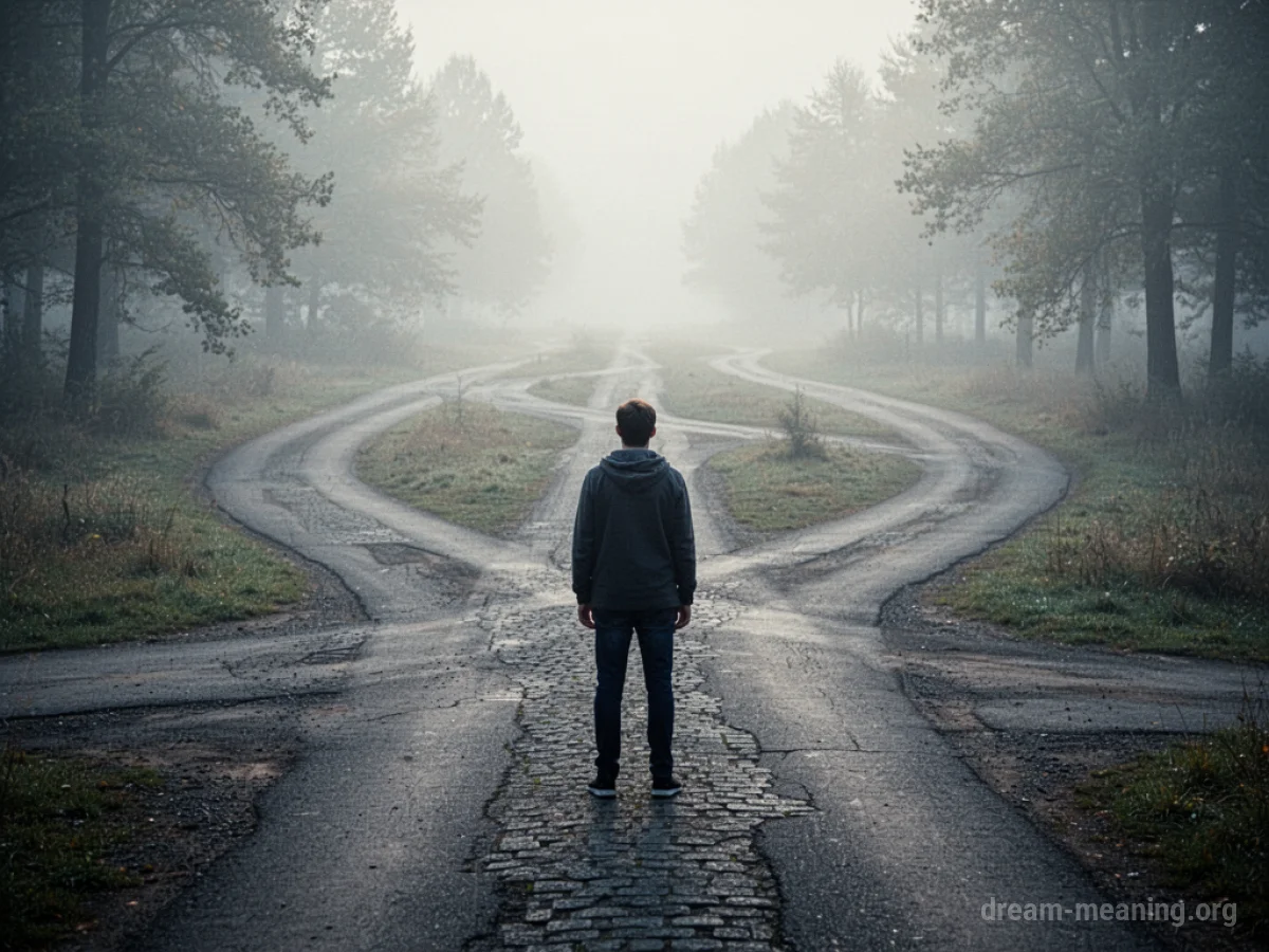 A person at a crossroads with several paths leading away into fog.