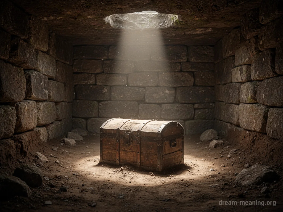 A stone room discovered underground with a beam of light on a chest.