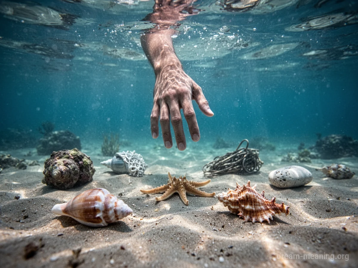 A human hand reaching towards various objects on the ocean floor.