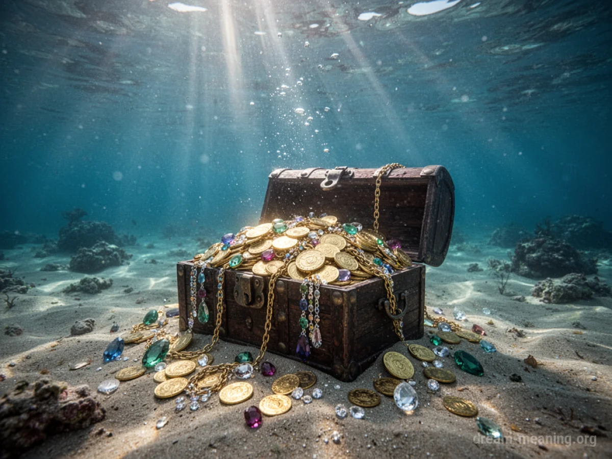 A treasure chest filled with gold and jewels sits on the ocean floor, illuminated by shafts of sunlight.