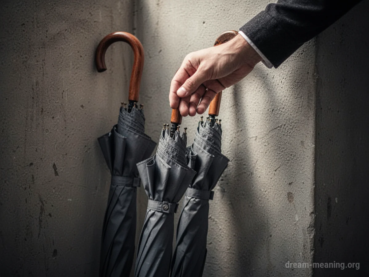 A hand reaching for a closed umbrella.