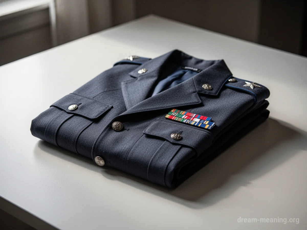 A neatly folded uniform resting on a flat surface.