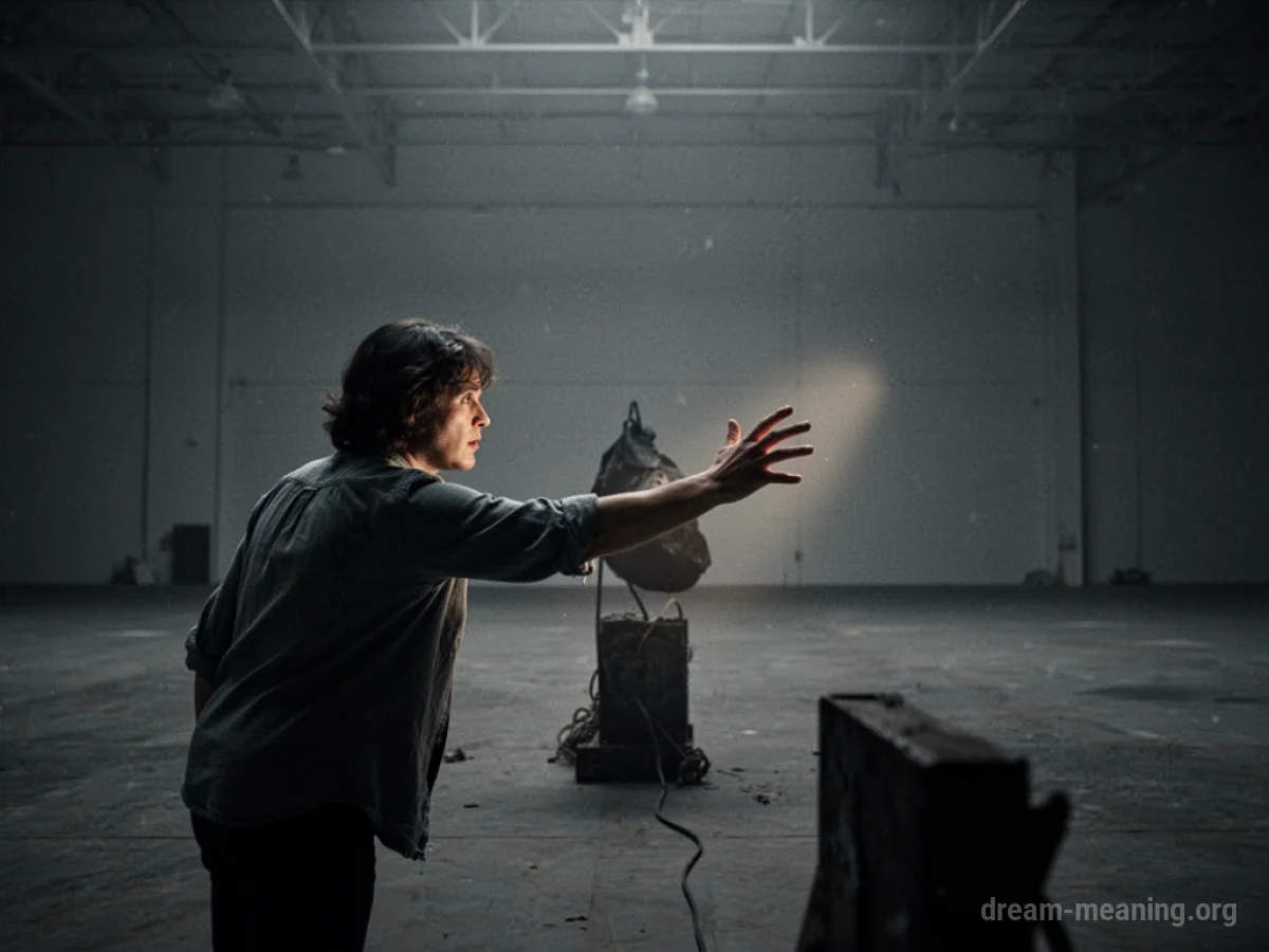 A hand reaching out towards a glowing, indistinct object in a dark void.