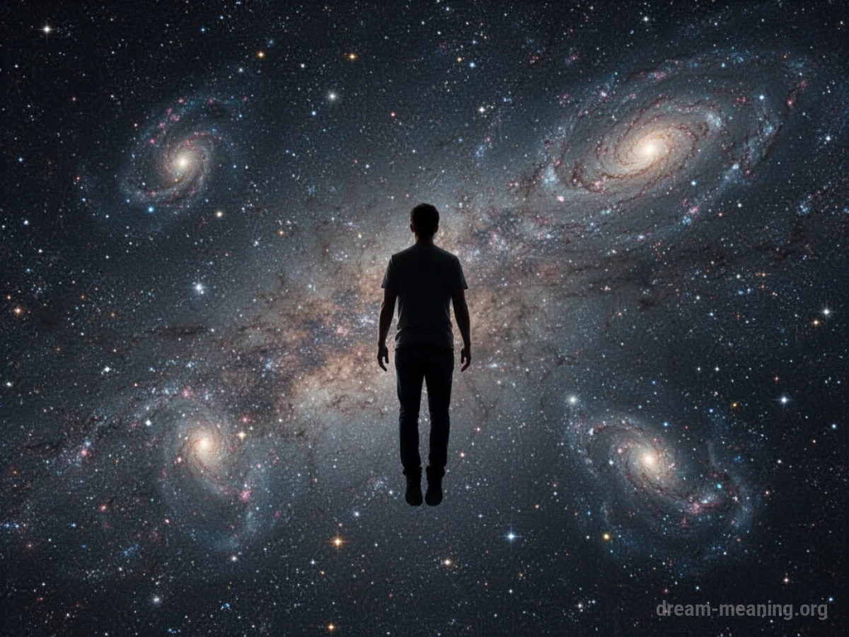 A silhouette of a person floating in a colorful, star-filled galaxy.