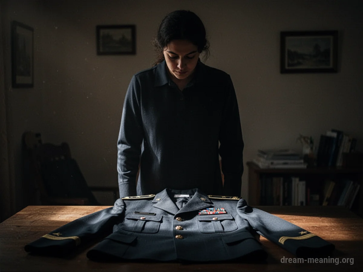 A person stands in shadow before a folded uniform.