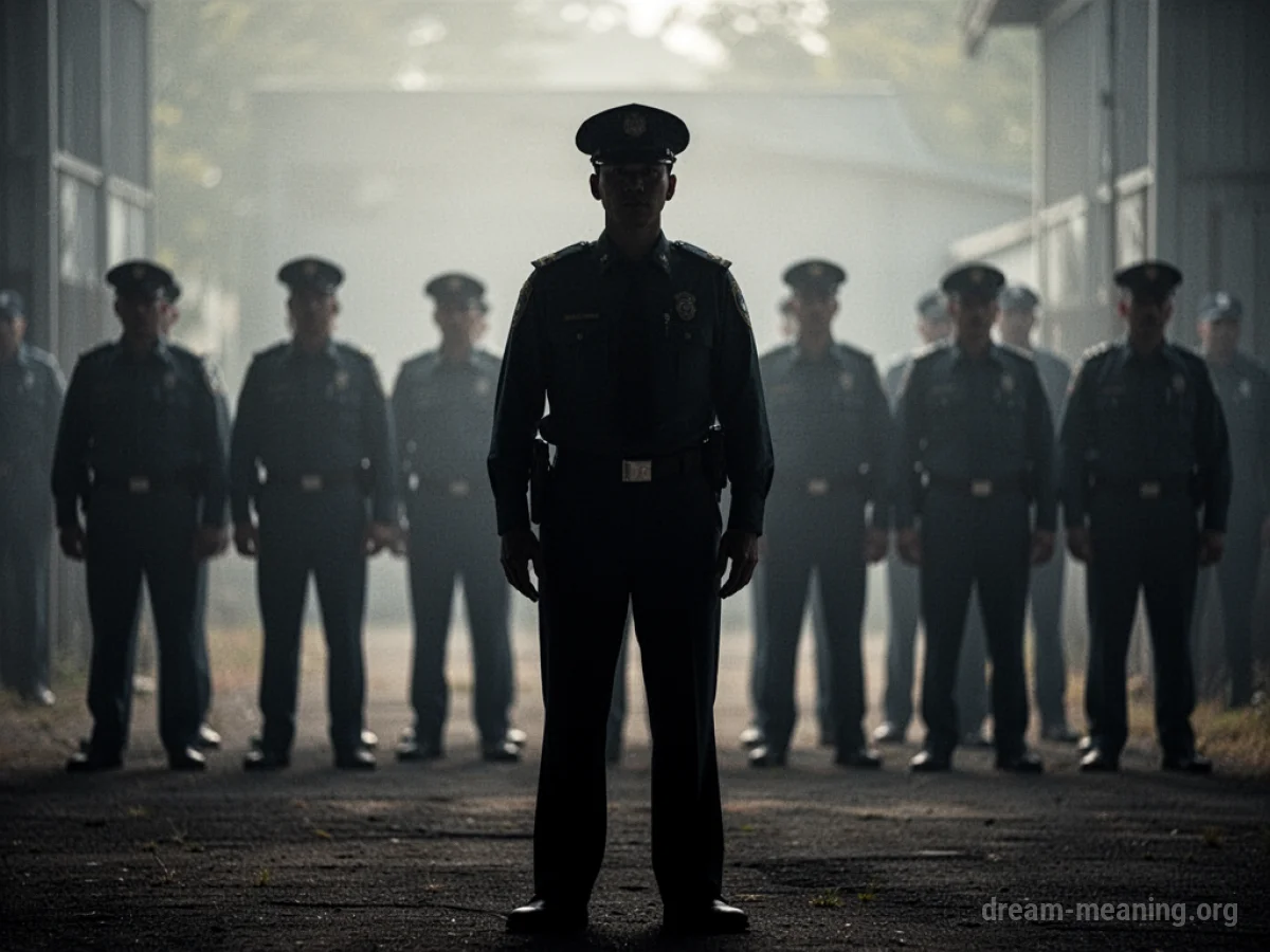 Silhouette of a person in uniform standing separate from a group.