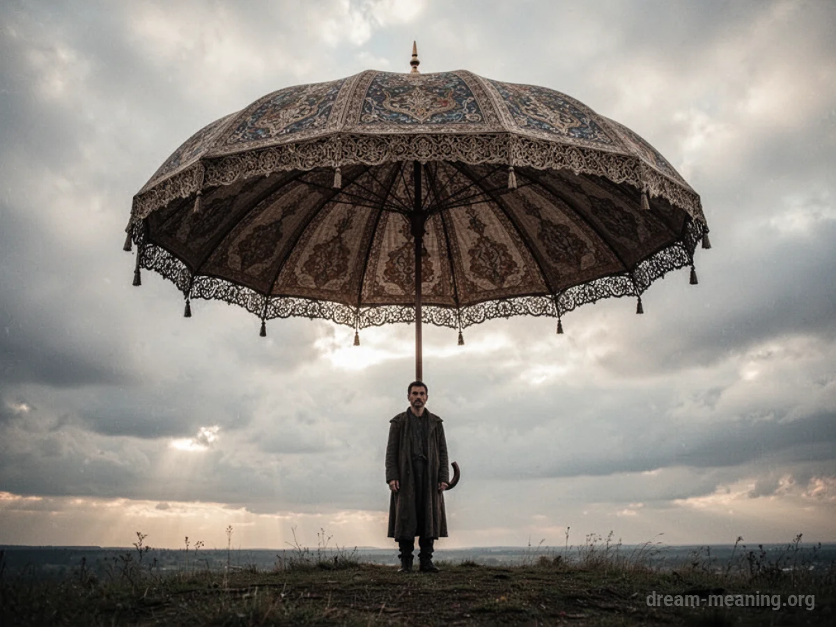 A small person standing under a very large umbrella.