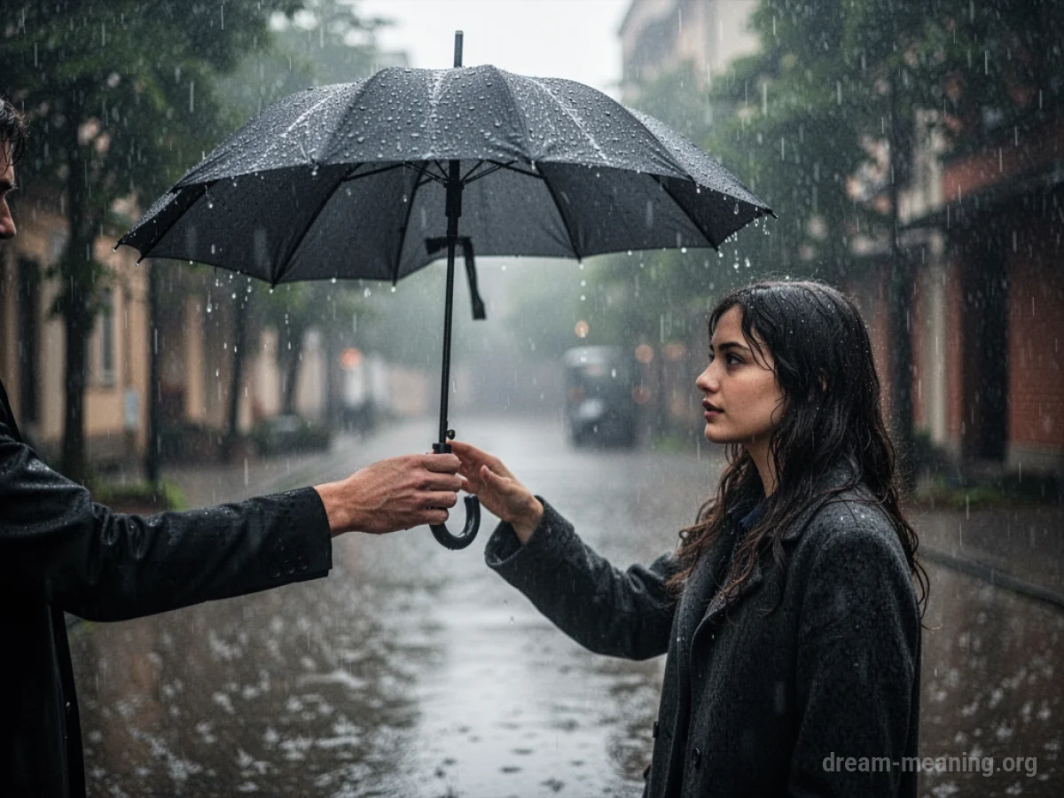 A hand offers an open umbrella to someone in the rain.
