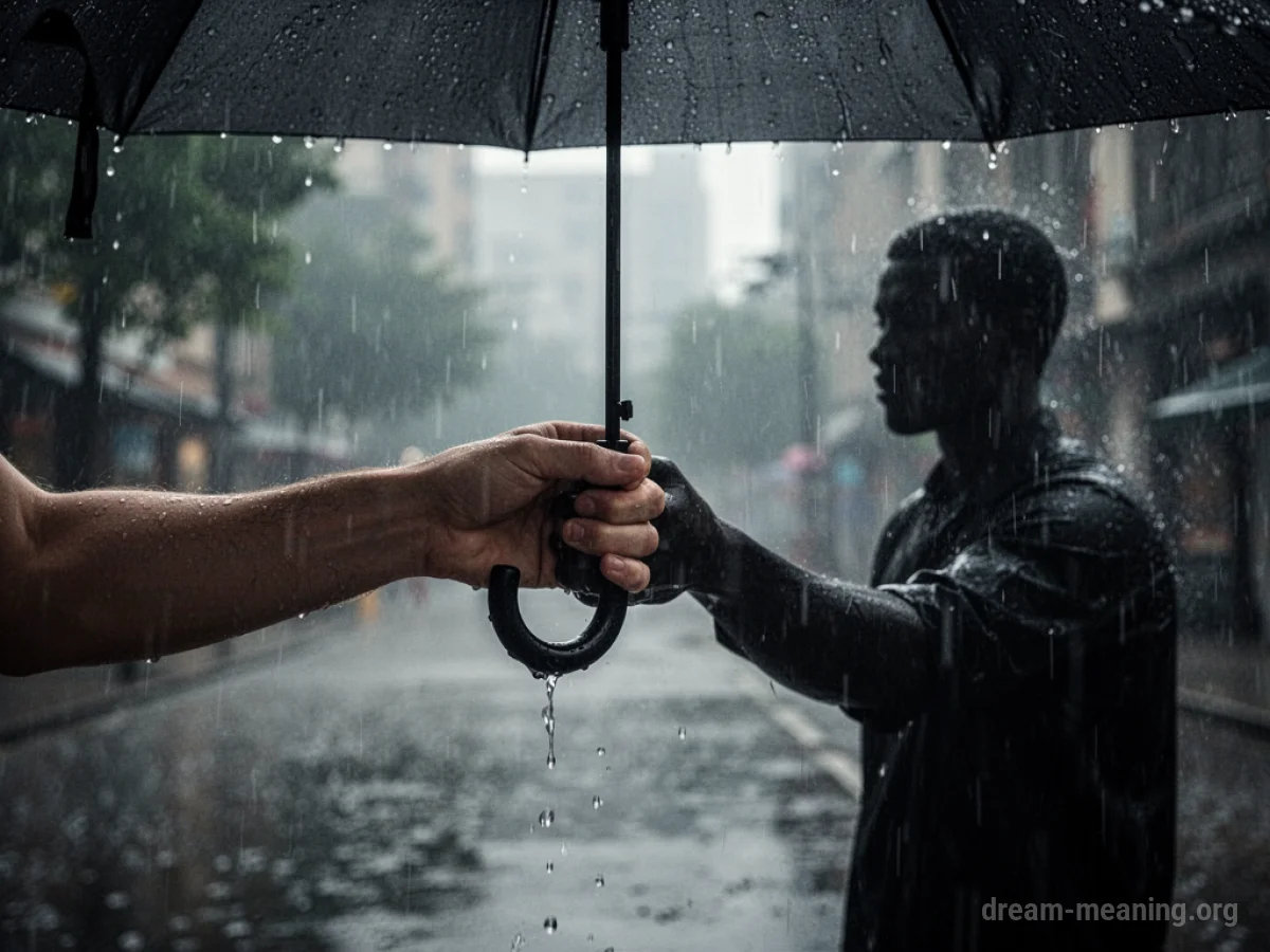 A person's hand extending an umbrella towards another person's silhouetted hand.