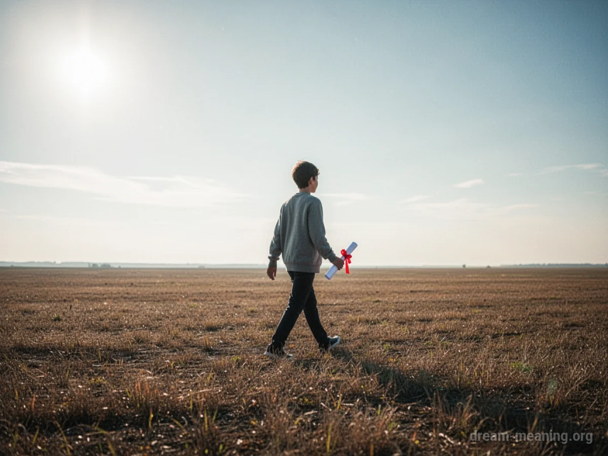 A person walking away from a university building into an open field holding a diploma.