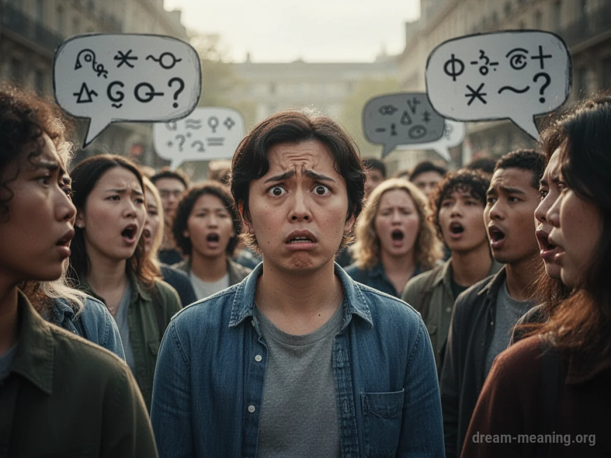 A person looking bewildered amidst a group speaking in abstract symbols.
