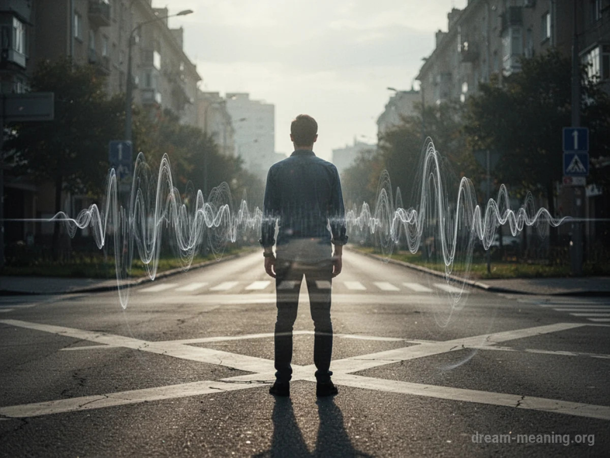 Silhouette of a person at a fork in the road with faint sound waves.