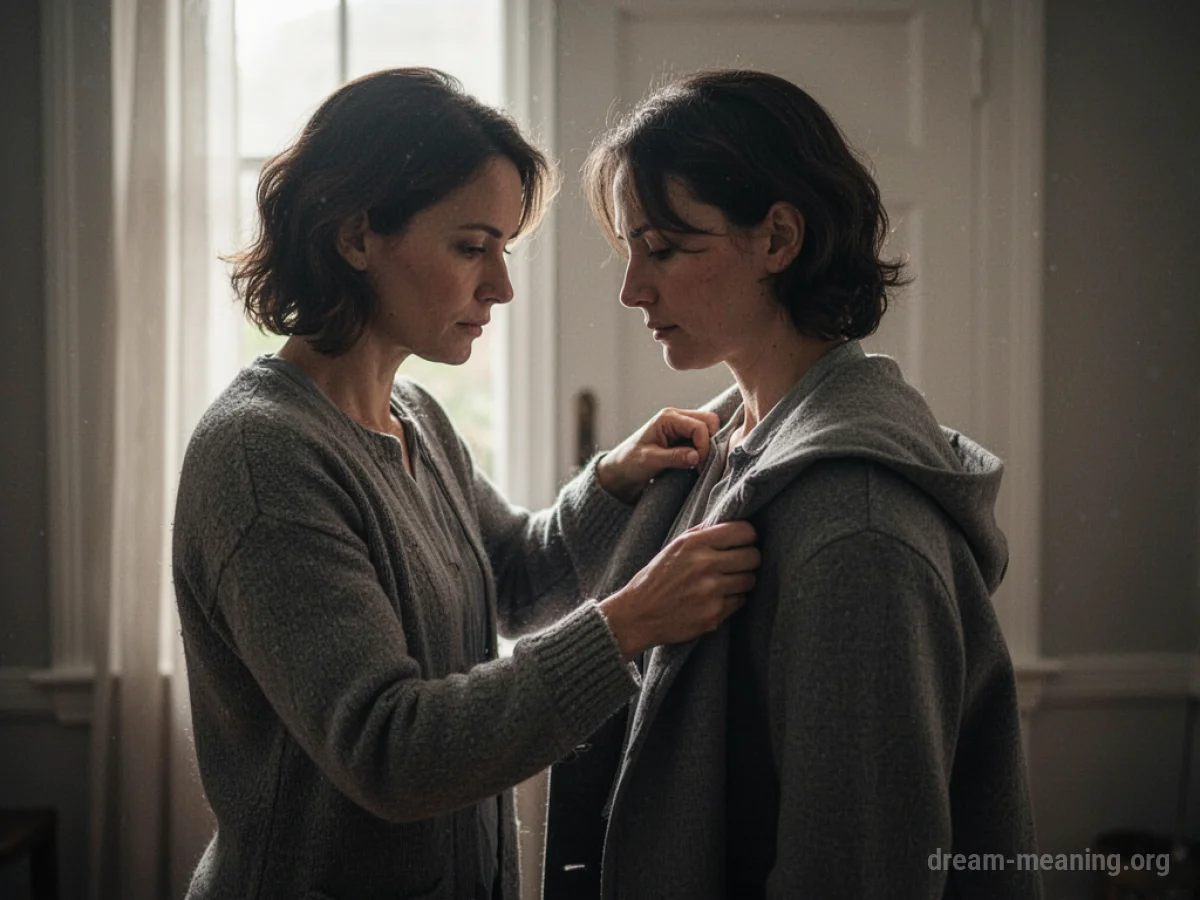 A person assisting another person with removing a piece of clothing.