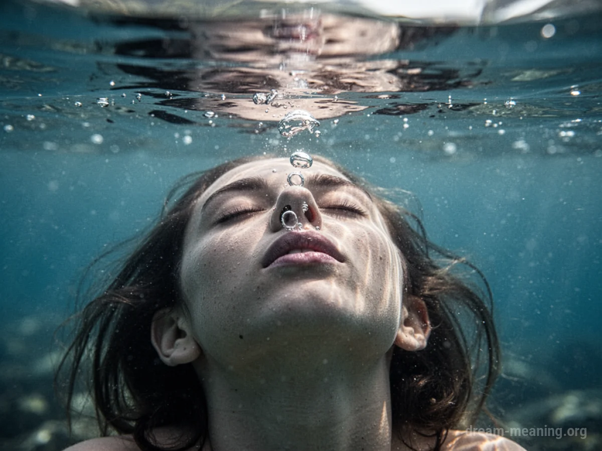 Person submerged in water with closed eyes and a single bubble rising.