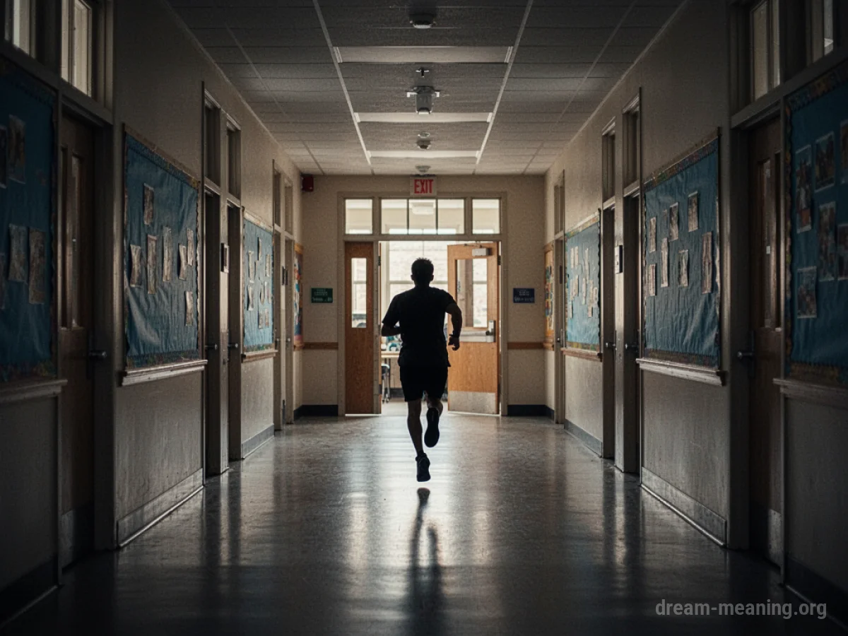 Silhouette of a person running down a long hallway towards a classroom door.