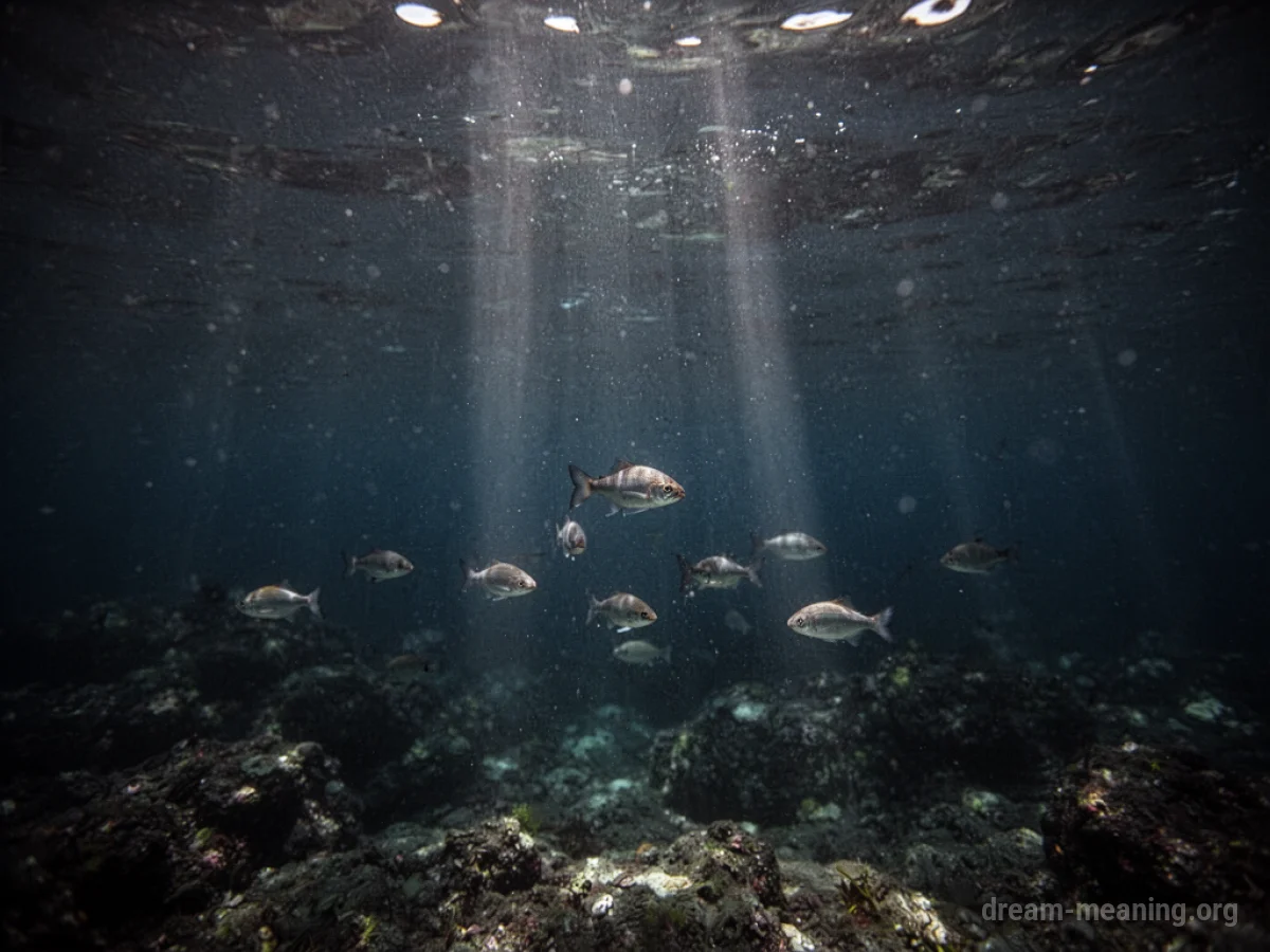 A beam of light penetrates murky underwater depths.